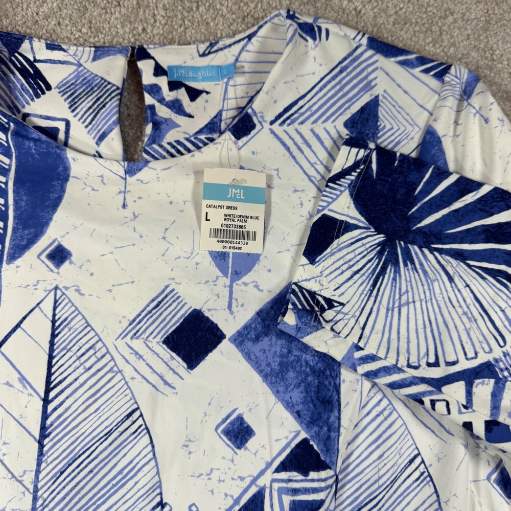 J.McLaughlin Catalyst Dress Large White Blue Royal Palm Geometric 3/4 Sleeve NWT